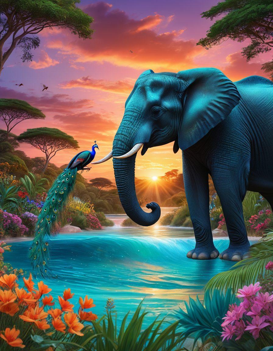 A vivid montage of diverse wildlife, showcasing a peacock displaying its brilliant feathers, a majestic elephant beneath a sunset, and a playful group of dolphins leaping through turquoise waves. Surround these scenes with lush greenery and vibrant flowers to emphasize the beauty of nature, creating an immersive gallery atmosphere. super-realistic. vibrant colors. 3D.