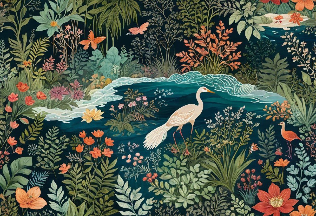 A beautiful collage depicting various design elements inspired by nature, including floral patterns, animal textures, and vibrant colors. Showcase a flowing fabric draped over natural landscapes, like forests and oceans, with detailed illustrations of fauna and flora intertwined in the fabric. Add a hint of sewing tools and sketches to represent the creative process. The background should be soft and ethereal to evoke a sense of connection with nature. vibrant colors. soft focus. artistic flair.
