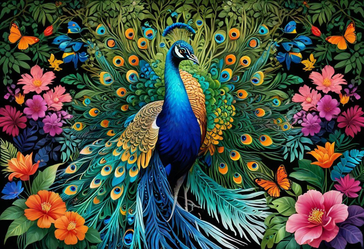 A breathtaking scene showcasing the intricate patterns of animal fur and feathers intertwined with vibrant floral designs, illustrating the beautiful relationship between wildlife and aesthetics. Include a kaleidoscope of colors with animals like peacocks and tigers elegantly positioned in a lush, tropical environment. Enhance the image with a touch of surrealism and intricate details to emphasize the natural artistry. vibrant colors. surrealism. 3D.